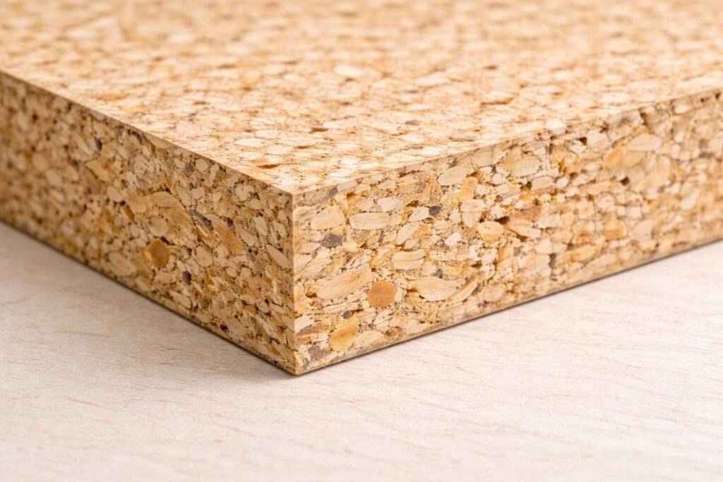 Particle board made of compressed wood chips used in budget furniture