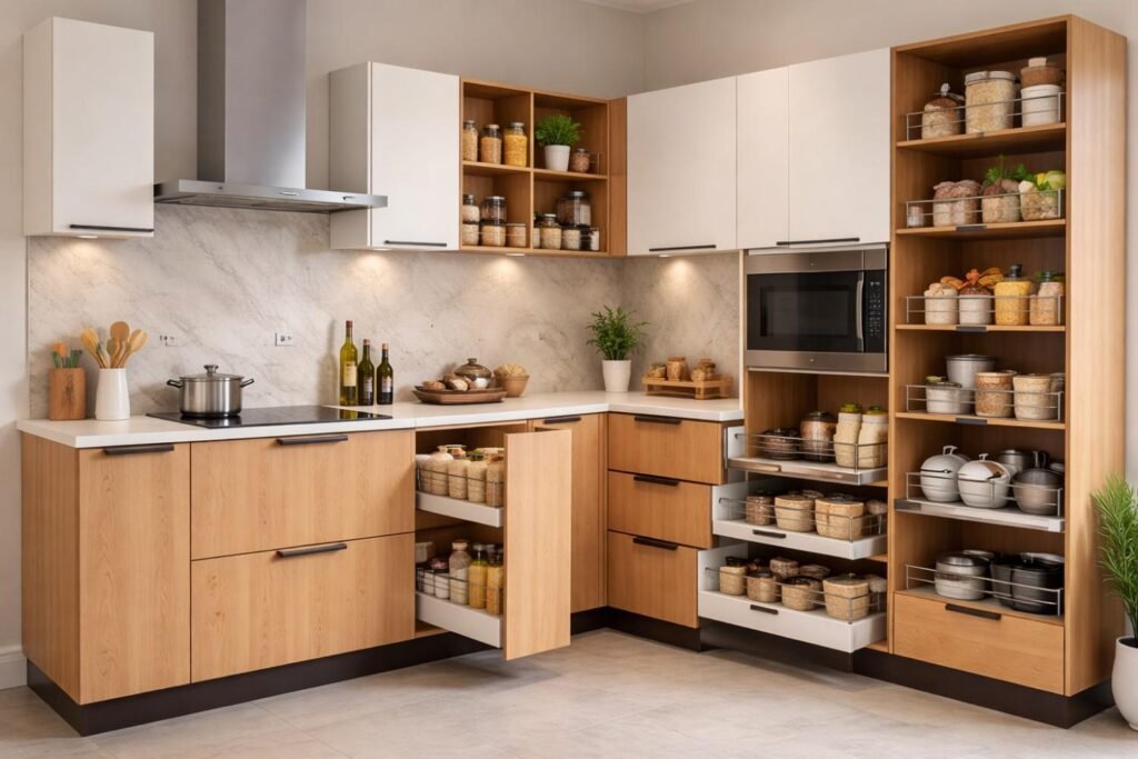 Plywood kitchen cabinets used in modular kitchen for durability and moisture resistance