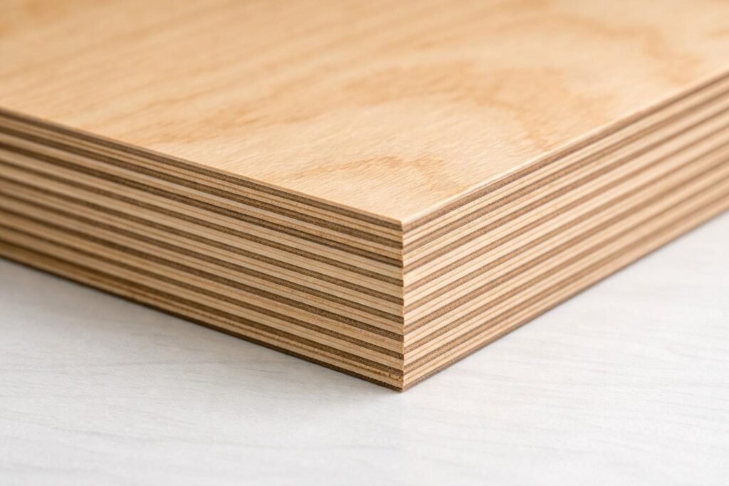 Plywood sheet showing multiple wood veneer layers for strength