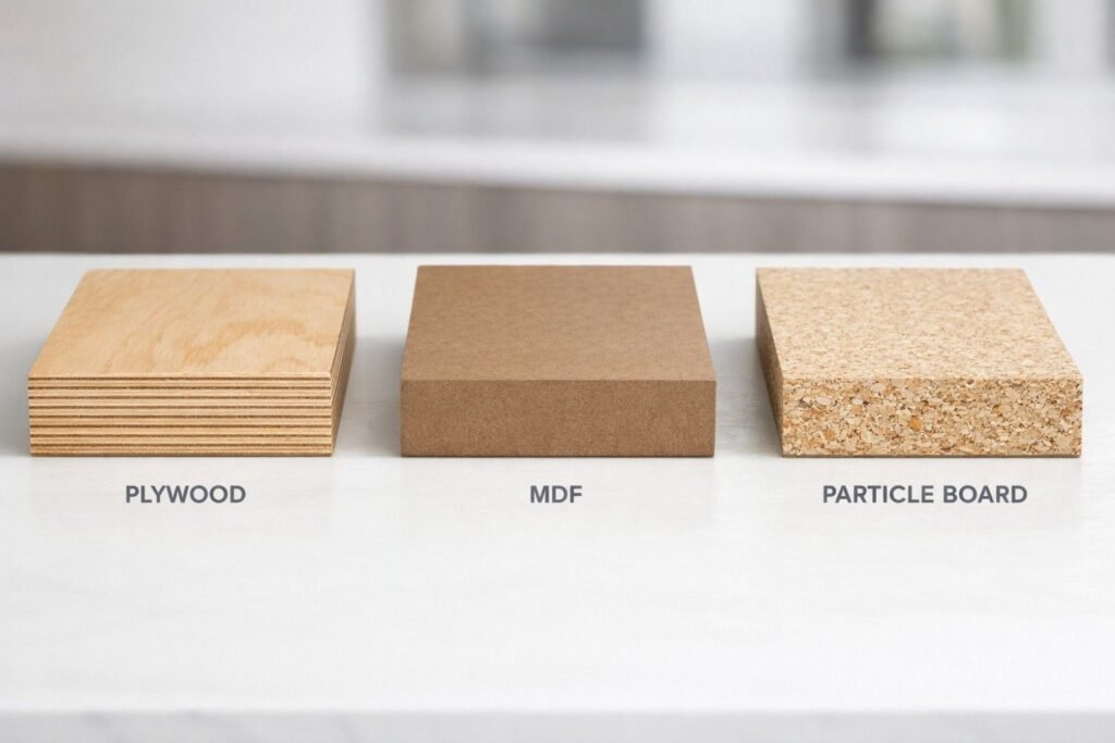 Comparison of plywood MDF and particle board materials used in home interiors
