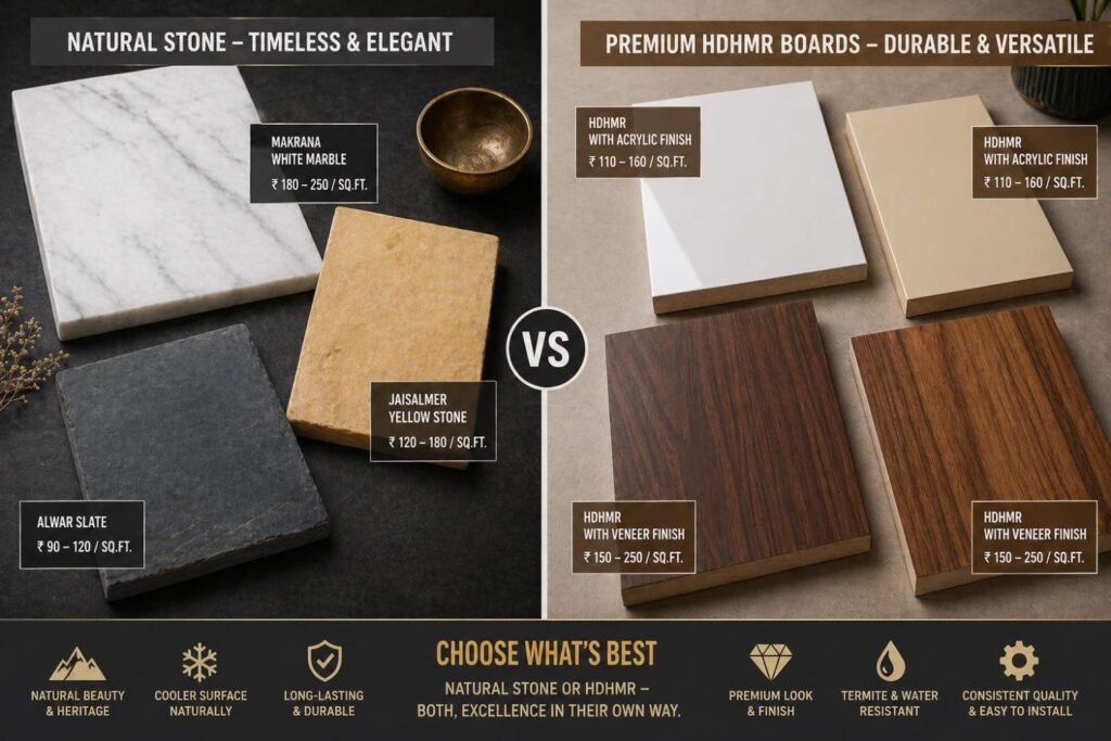 Natural Rajasthan stone samples versus HDHMR modular panel materials — cost comparison for Jaipur villa interiors