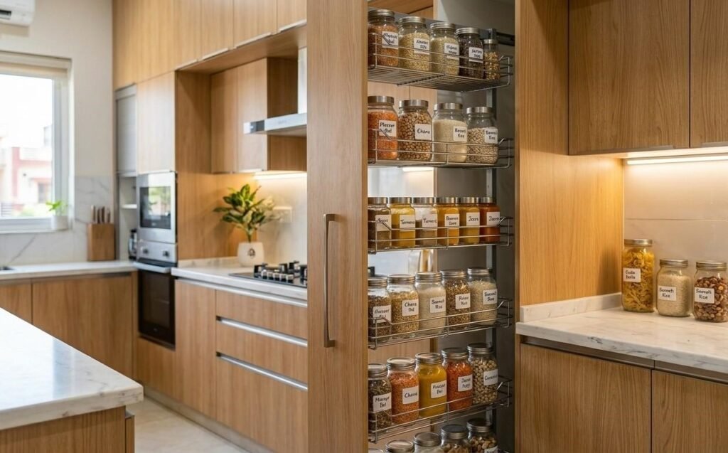 Tall pull-out pantry unit for grocery storage in Jaipur modular kitchens.