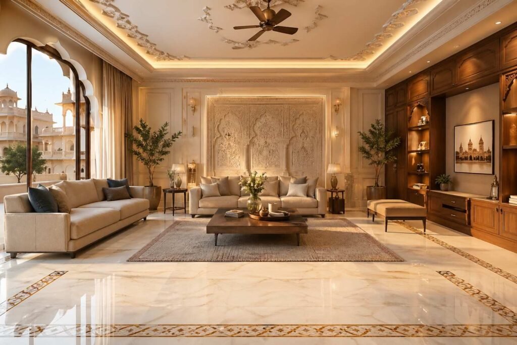 Turnkey interior cost Jaipur — Makrana marble flooring and premium modular cabinetry in a luxury villa by Endless Interiors and Construction