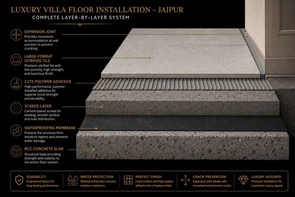Technical diagram showing correct vitrified tile installation layers including screed, C2TE adhesive, and expansion joints for Jaipur climate