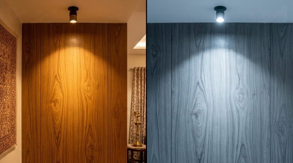 Comparison of 3000K warm white vs 6500k cool white lighting on a high-end wood veneer wall.
