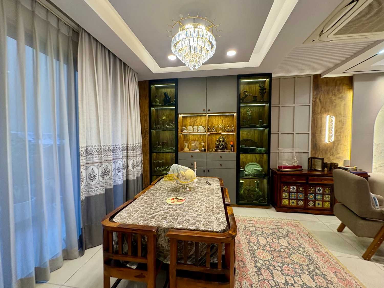 Dining room false ceiling and chandelier design — Jaipur villa project