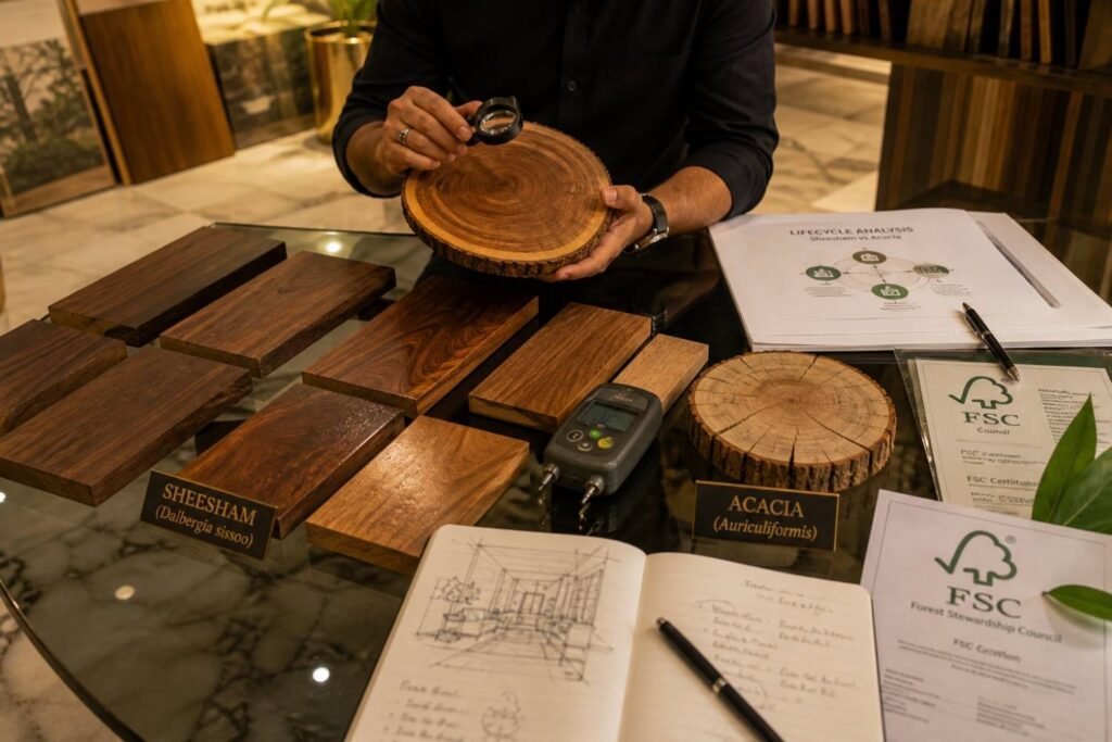 Endless Interiors and Construction Principal Designer conducting wood sourcing and lifecycle analysis consultation for Jaipur luxury interior — Sheesham vs Acacia specification