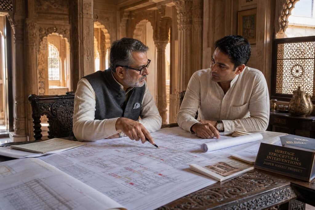 Endless Interiors and Construction Principal Designer reviewing seismic structural assessment drawings with a Jaipur heritage haveli owner