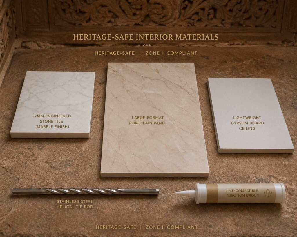 Heritage-safe and seismic-compliant interior material samples for Jaipur Zone II haveli renovation — engineered stone, gypsum ceiling, helical ties