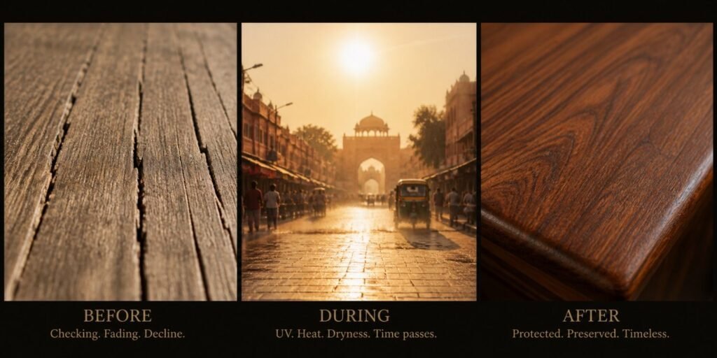 Wood surface damage from Jaipur's UV and dry heat checking on Acacia versus maintained Sheesham surface after 5 years in Rajasthan climate