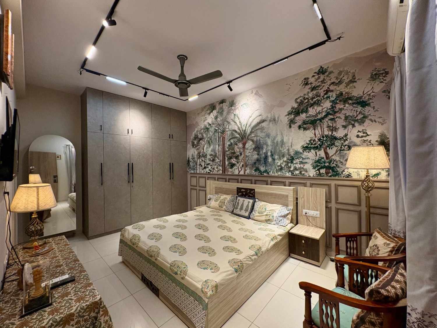 Master bedroom wallpaper and wardrobe design — Endless Interiors, Jaipur