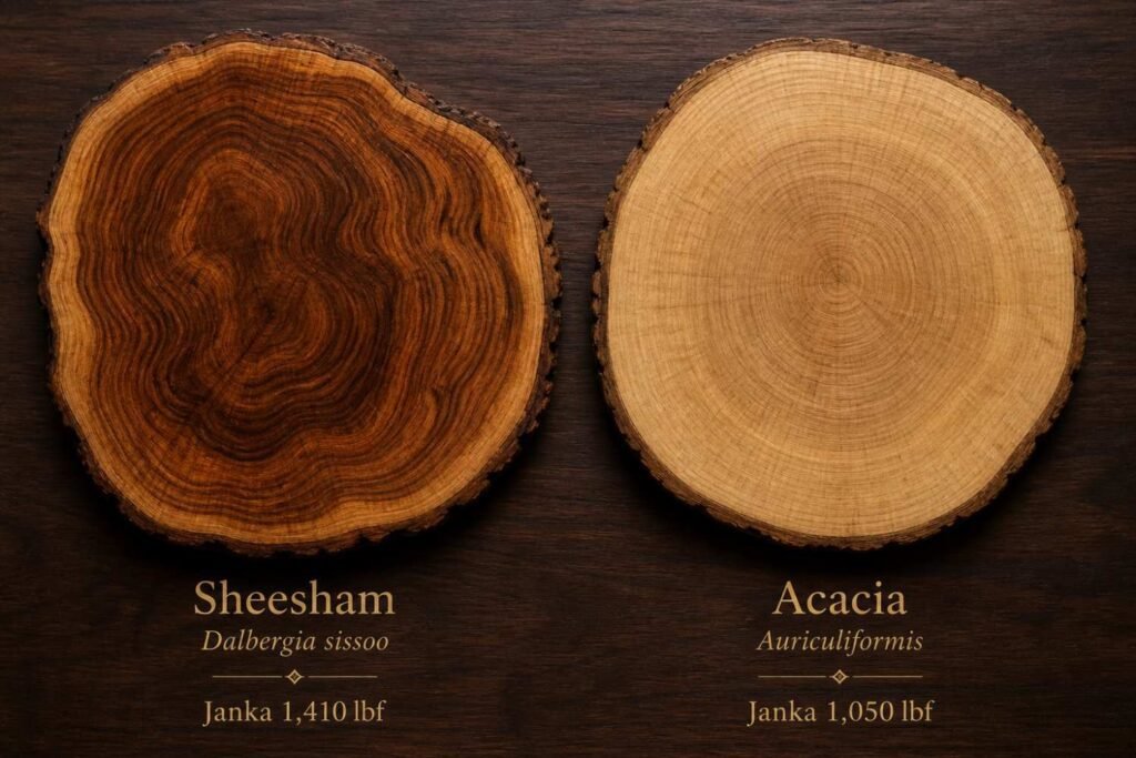 Cross-section grain comparison of Sheesham (Dalbergia sissoo) and Acacia auriculiformis wood for Jaipur luxury interior furniture specification