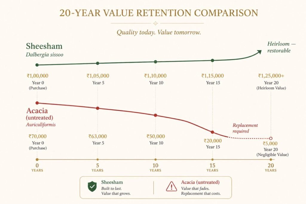 20-year lifecycle cost comparison chart for Sheesham vs Acacia furniture in Jaipur's climate — total cost of ownership analysis