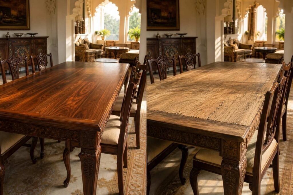 Sheesham vs Acacia dining table comparison after 5 years in Jaipur climate