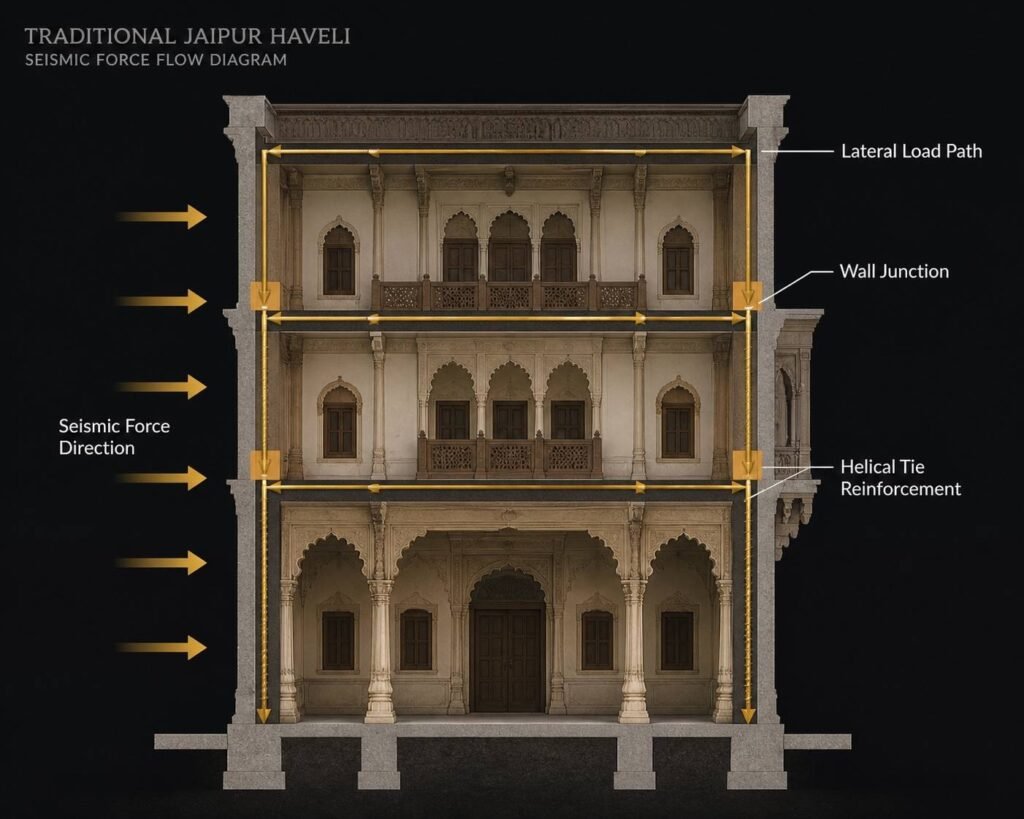 Seismic Zone II lateral load path diagram for a Jaipur haveli — showing heritage wall junctions and helical tie reinforcement points